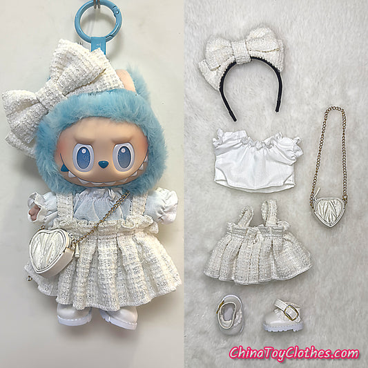 LABUBU 17cm The Monsters Plush Doll Handmade Clothes White Elegant Princess Fashion Skirt With Bag NO TOY