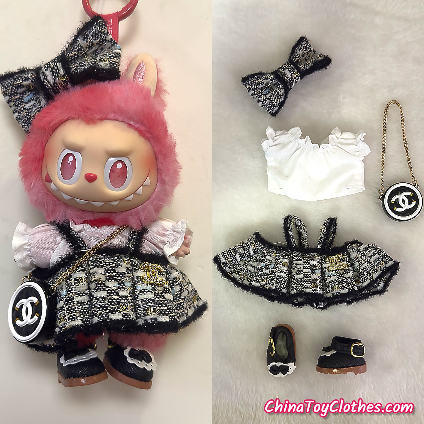 LABUBU 17cm The Monsters Plush Doll Handmade Clothes Adorable Black CC Princess Dress NO TOY
