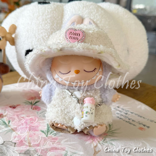 LABUBU 17cm The Monsters Plush Doll Clothes Cute White Circle Fleece Suit with MIN Hat NO TOY