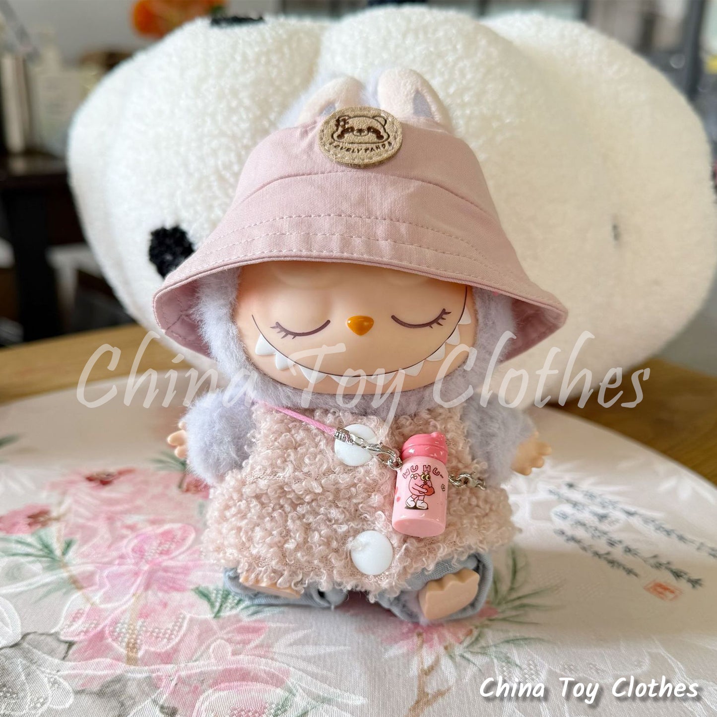 LABUBU 17cm The Monsters Plush Doll Clothes Cute Pink Circle Fleece Suit with Teddy Hat NO TOY