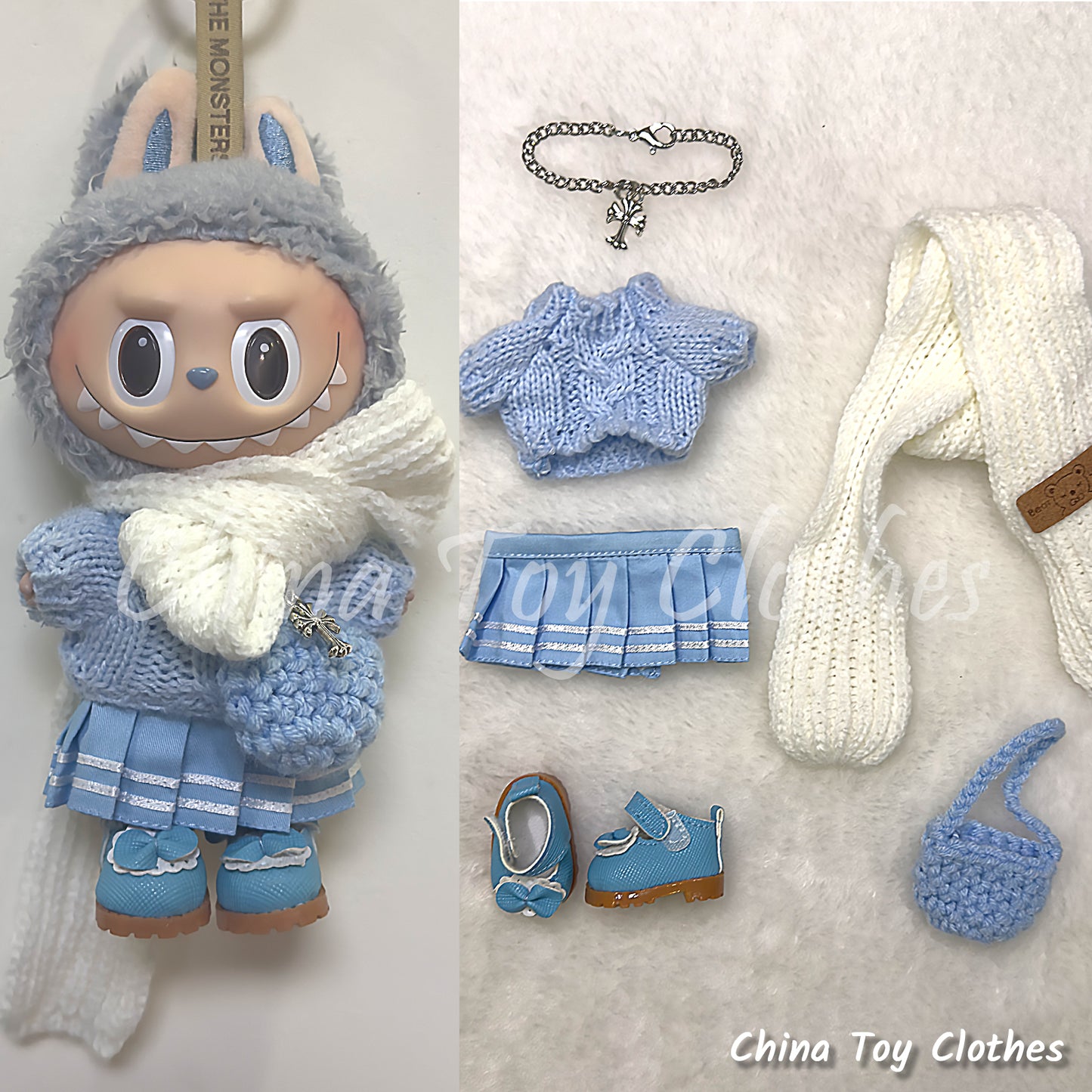 LABUBU 17cm The Monsters Plush Doll Handmade Blue Cute Sweater Outfit NO TOY