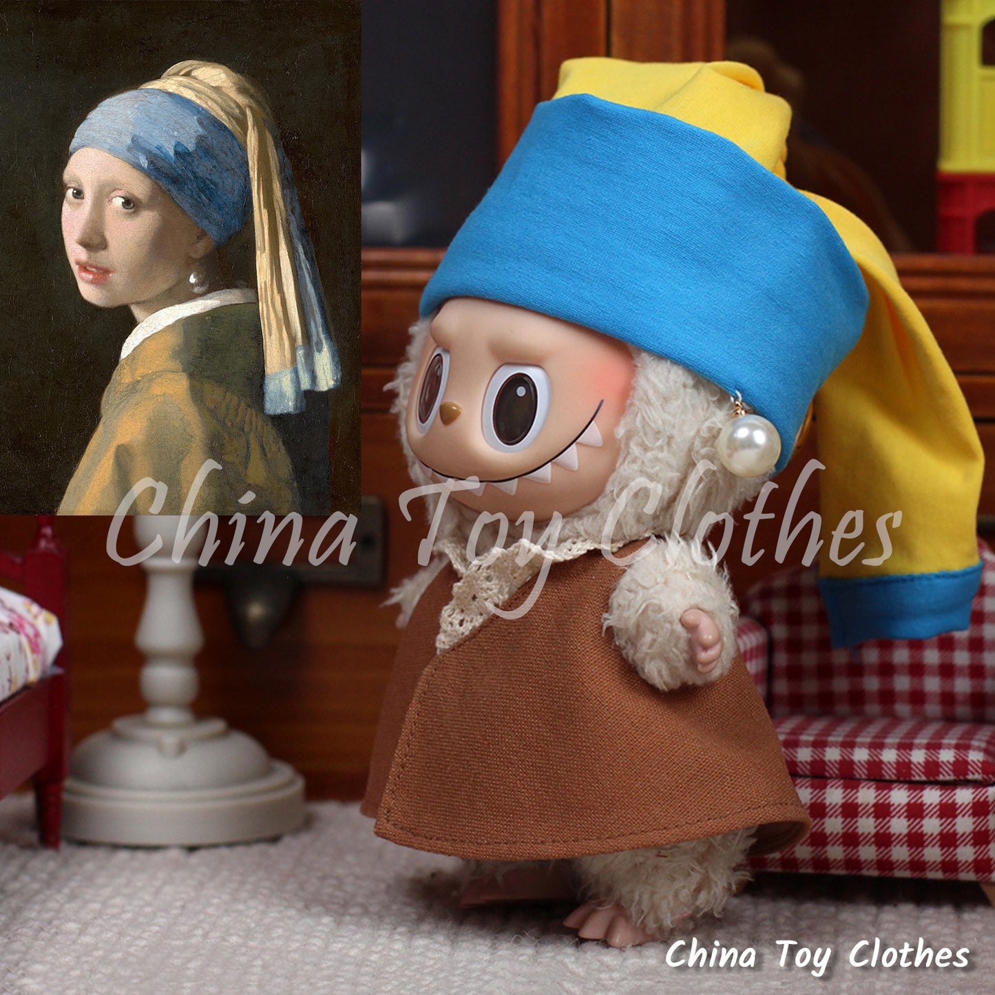 LABUBU 17cm The Monsters Plush Doll Clothes The Girl with a Pearl Earring NO TOY