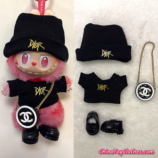 LABUBU 17cm The Monsters Plush Doll Handmade Cute Black DD Sweater and Bag NO TOY