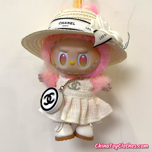 LABUBU 17cm The Monsters Plush Doll Handmade Clothes Elegant Lady Fashion Outfit With Straw Hat NO TOY