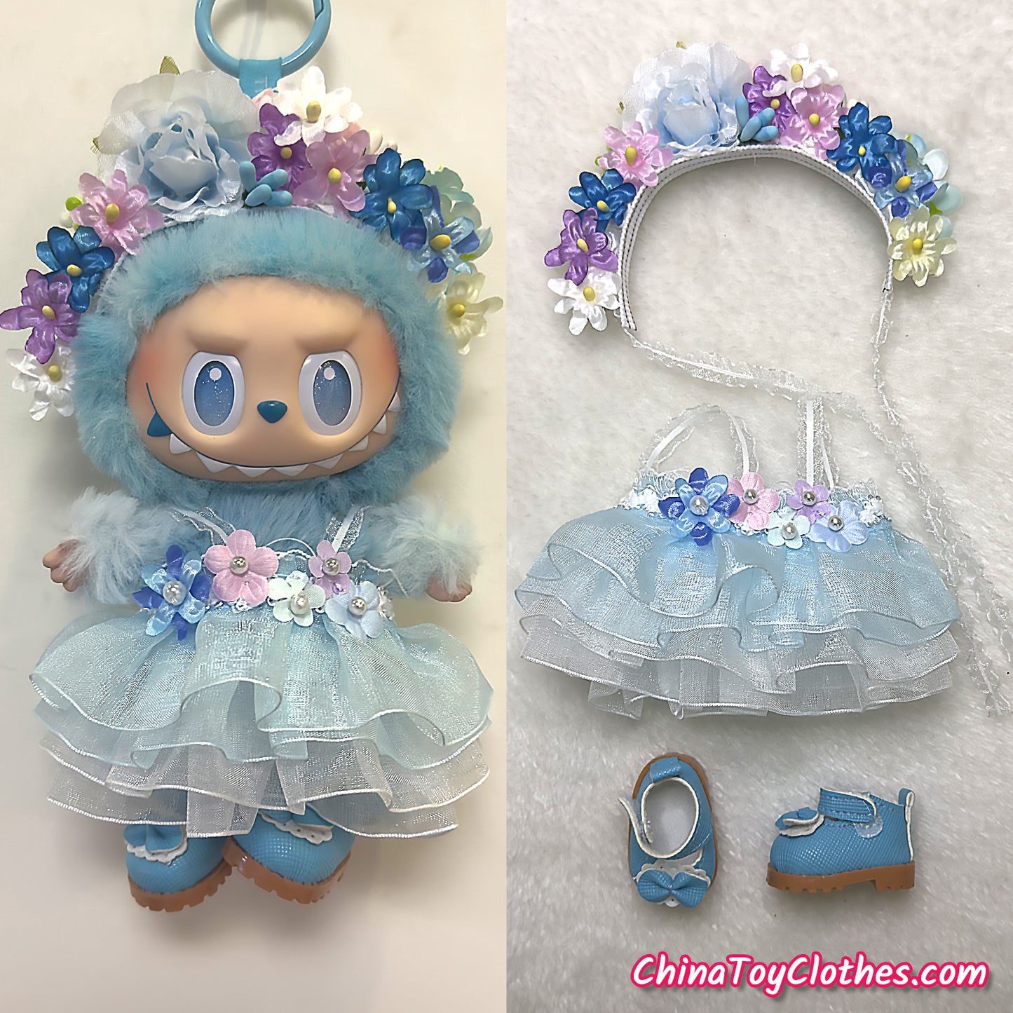 LABUBU 17cm The Monsters Plush Doll Handmade Clothes Blue Flower Maid Outfit NO TOY