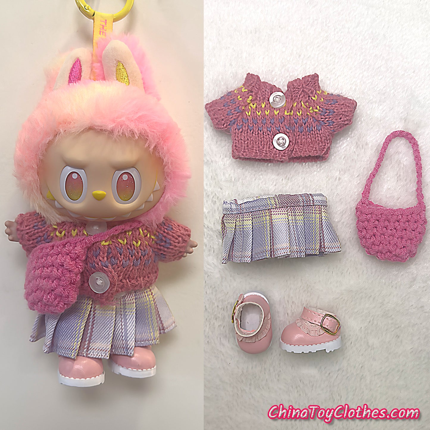LABUBU 17cm The Monsters Plush Doll Handmade Cute PINK Sweater Outfit NO TOY