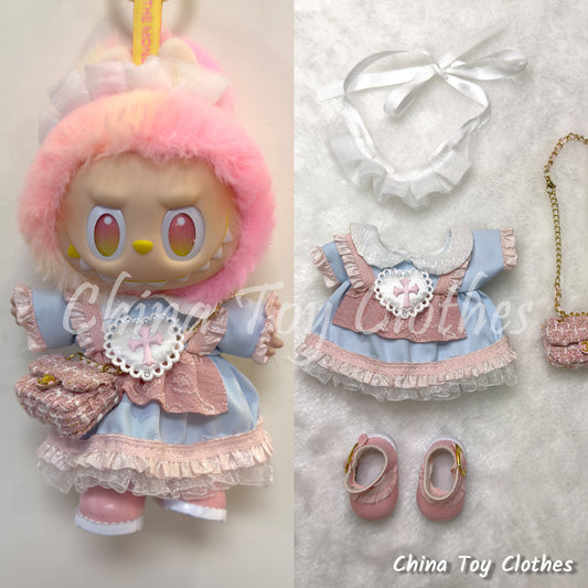 LABUBU 17cm The Monsters Plush Doll Replacing Clothes Cute Girl Skirt Bag and Shoes NO TOY