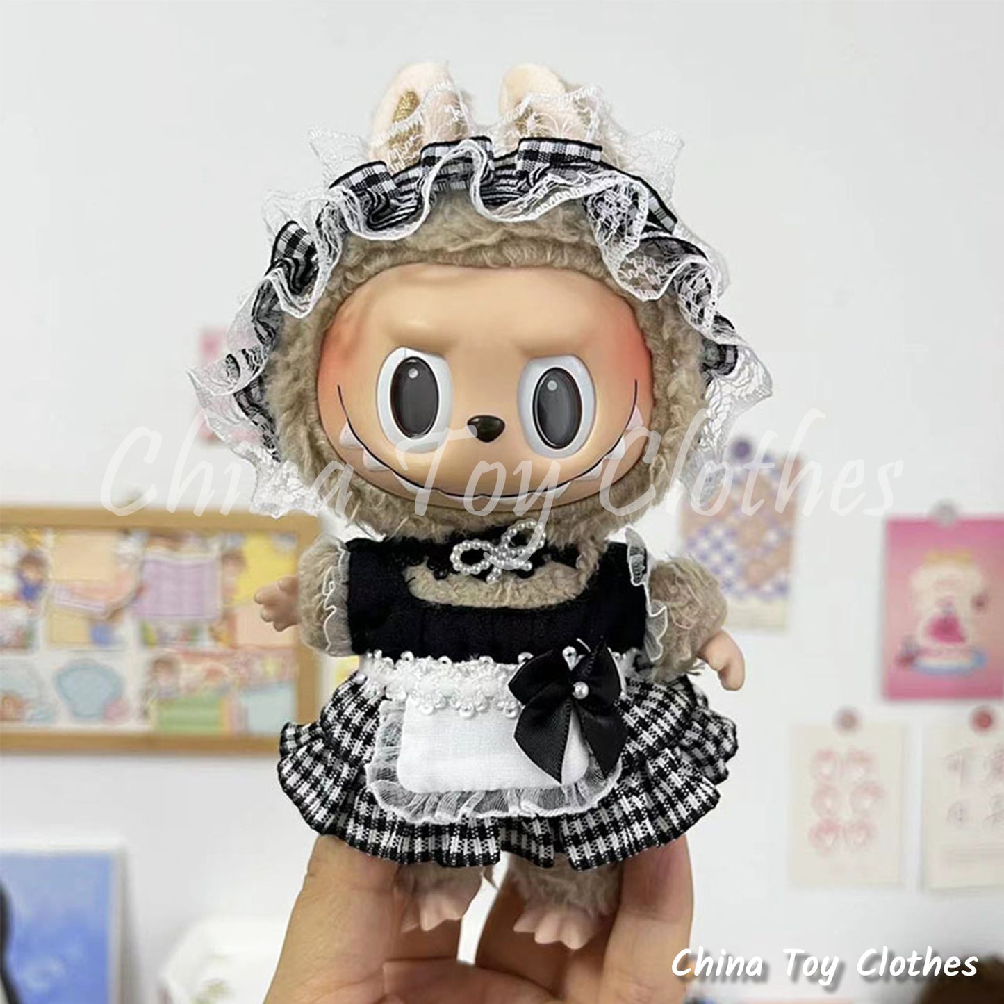 LABUBU 17cm The Monsters Plush Doll Clothes Black Little Maid Cosplay Suit NO TOY