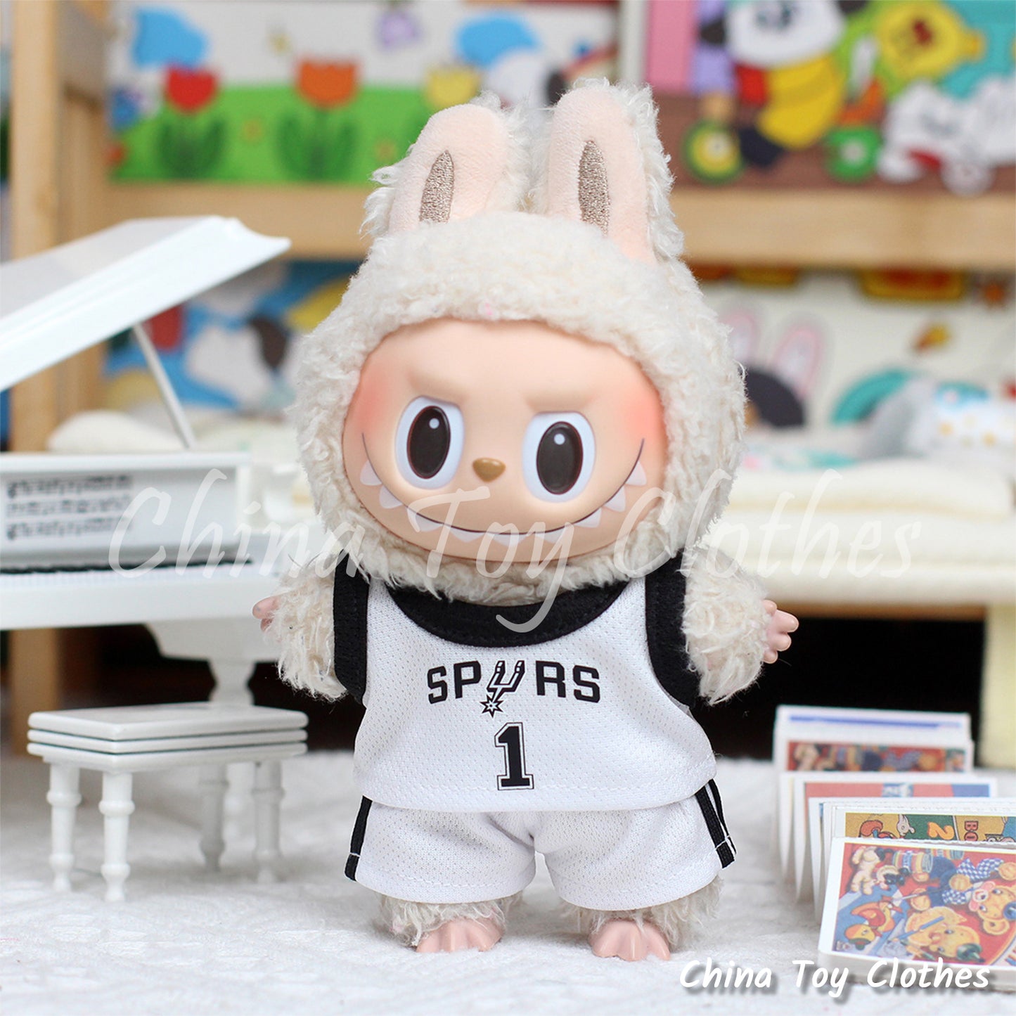 LABUBU 17cm The Monsters Plush Doll Clothes Spurs NO. 1 Basketball Sportsware Jersey NO TOY