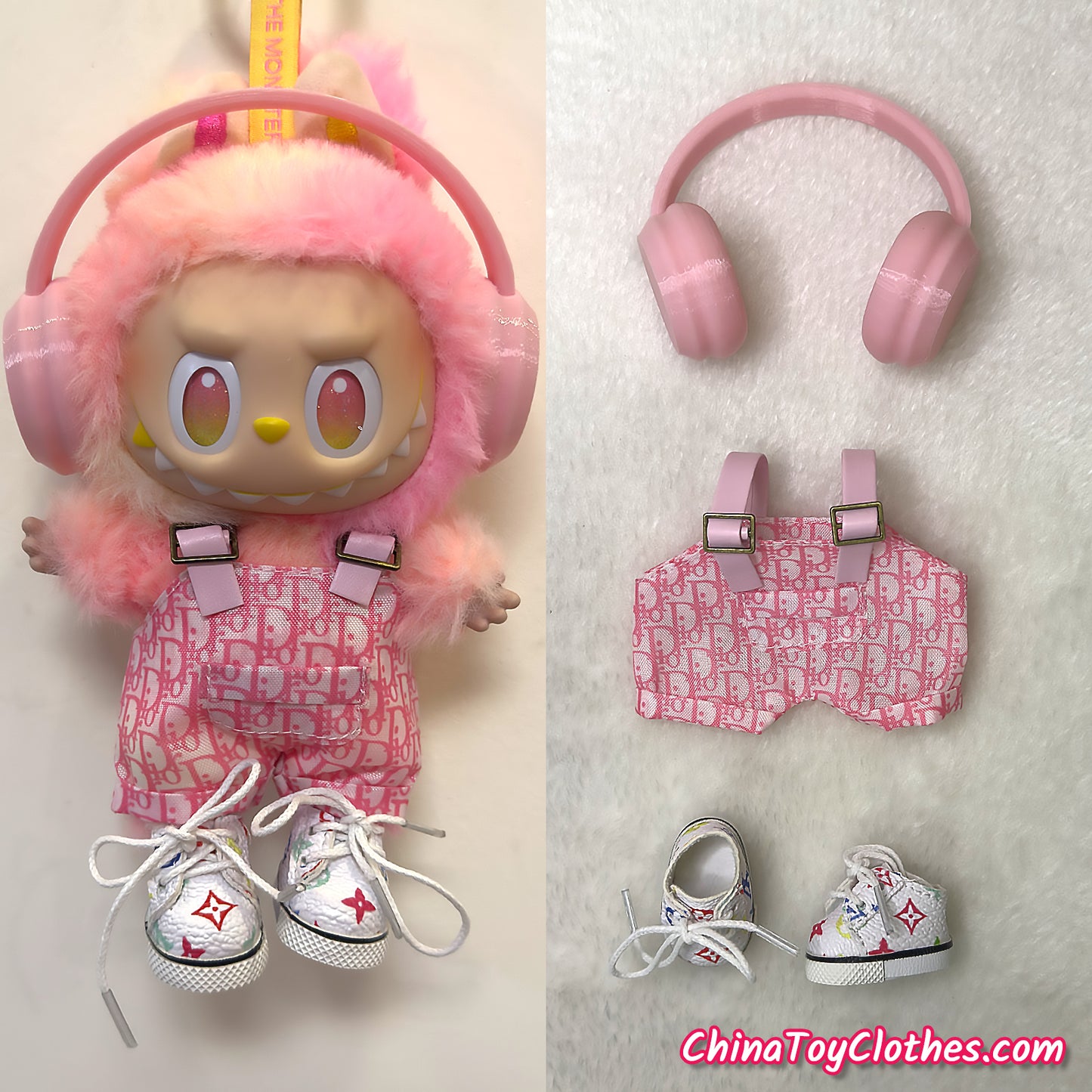LABUBU 17cm The Monsters Plush Doll Replacing Clothes 'Rich Doll' Pink Jumpsuit NO TOY