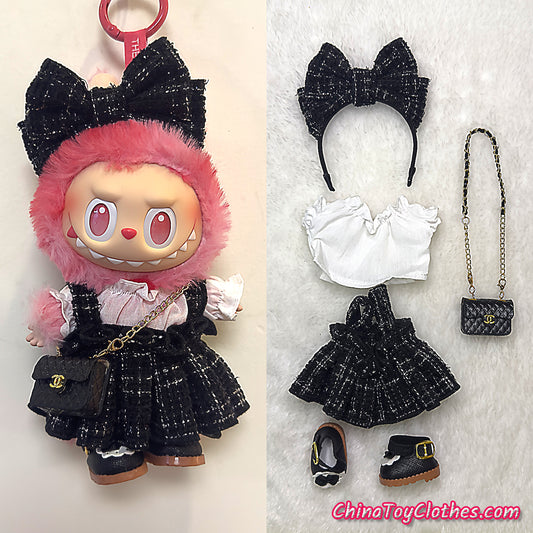 LABUBU 17cm The Monsters Plush Doll Handmade Clothes Black Elegant Princess Fashion Skirt With Bag NO TOY