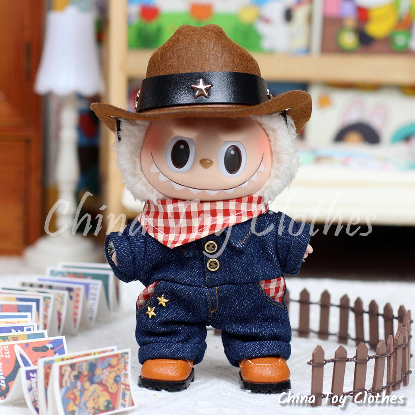 LABUBU 17cm 7inch The Monsters Plush Doll Clothes Handmade Cowboy Outfit NO TOY