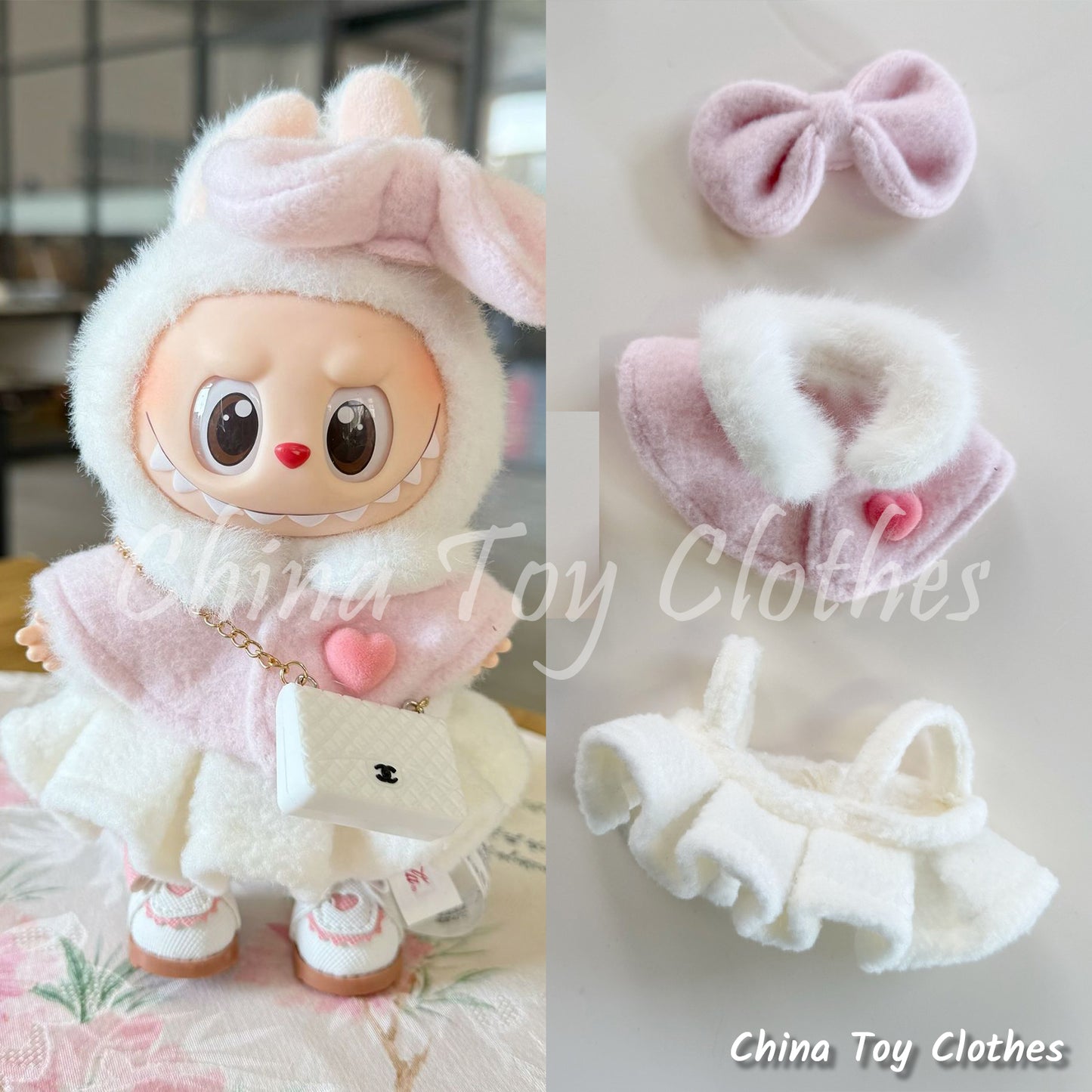 LABUBU 17cm The Monsters Plush Doll Clothes Pink Princess Outfit Plus Bag Shoes NO TOY