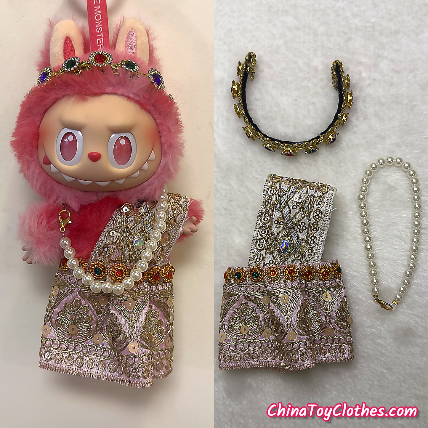 LABUBU 17cm The Monsters Plush Doll Handmade Clothes Cute Traditional Thai Pink Outfit NO TOY