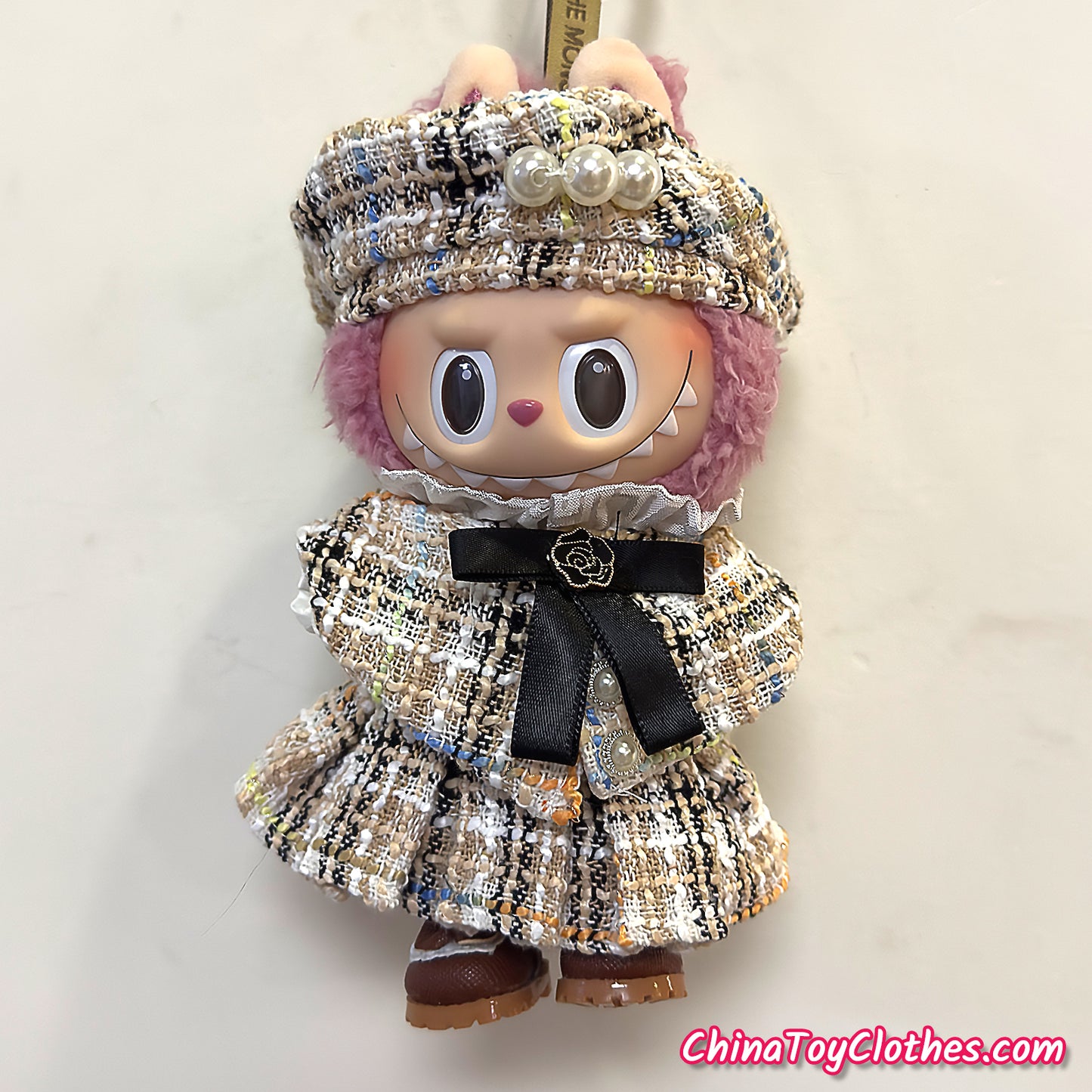 LABUBU 17cm The Monsters Plush Doll Handmade Clothes Adorable Beige CC Princess Dress NO TOY