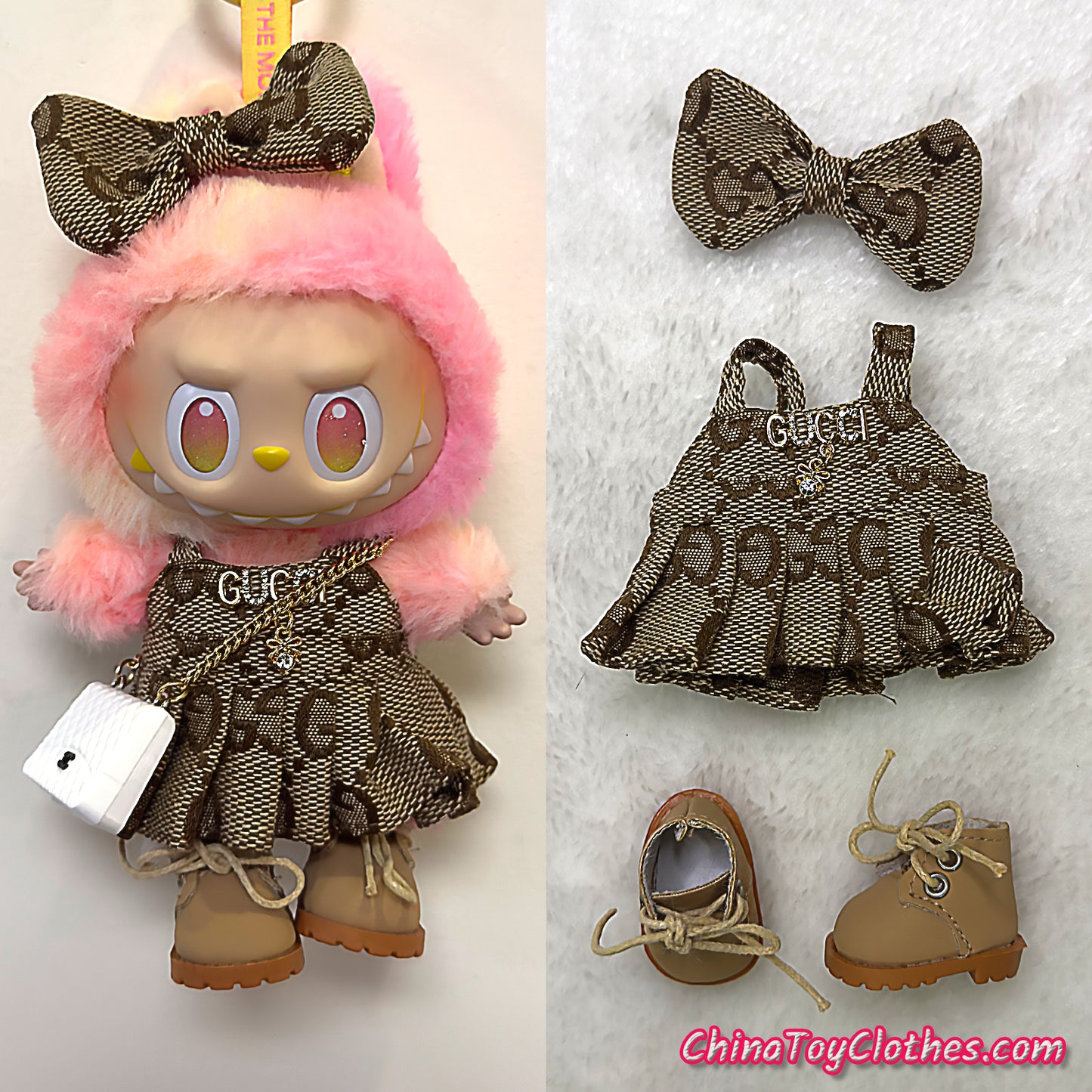 LABUBU 17cm The Monsters Plush Doll Handmade Clothes Beige Headband Princess Jumpsuit With Bag NO TOY