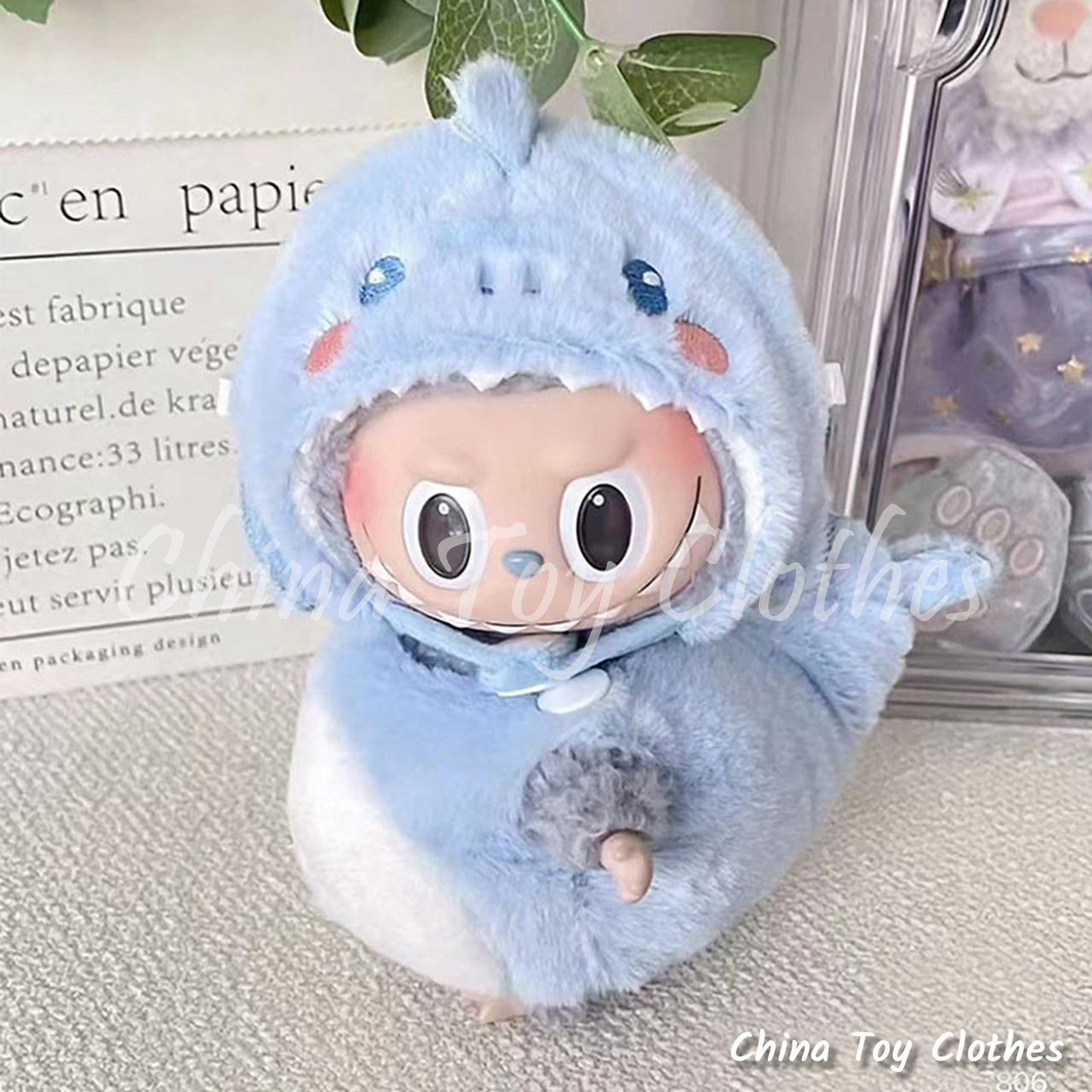 LABUBU 17cm The Monsters Plush Doll Clothes Lovely Sky Blue Shark Outfit NO TOY