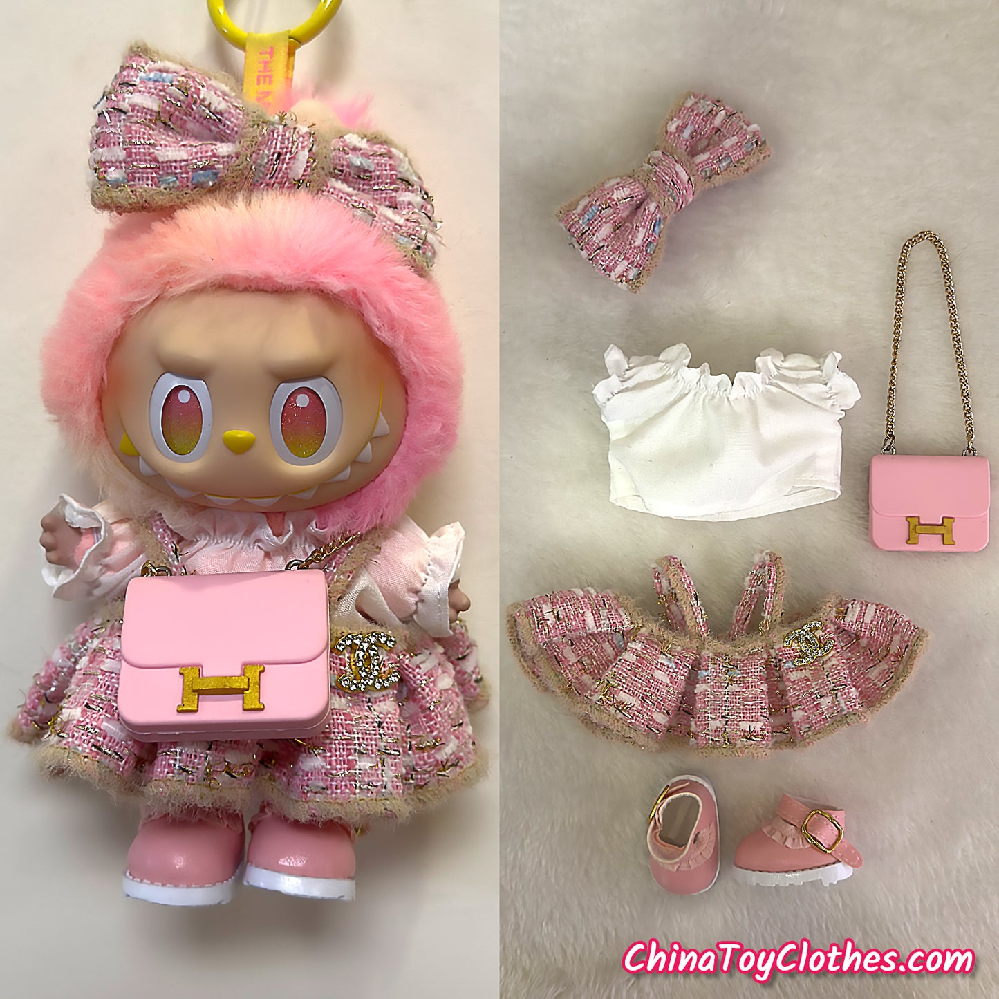 LABUBU 17cm The Monsters Plush Doll Handmade Clothes Adorable Pink CC Princess Dress NO TOY