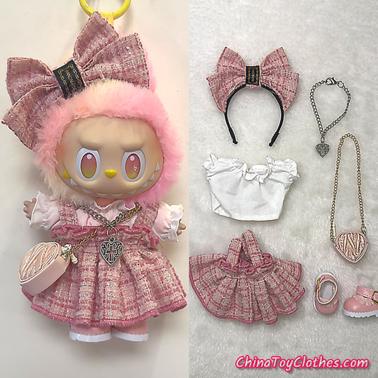 LABUBU 17cm The Monsters Plush Doll Handmade Clothes PINK Elegant Princess Fashion Skirt With Bag NO TOY