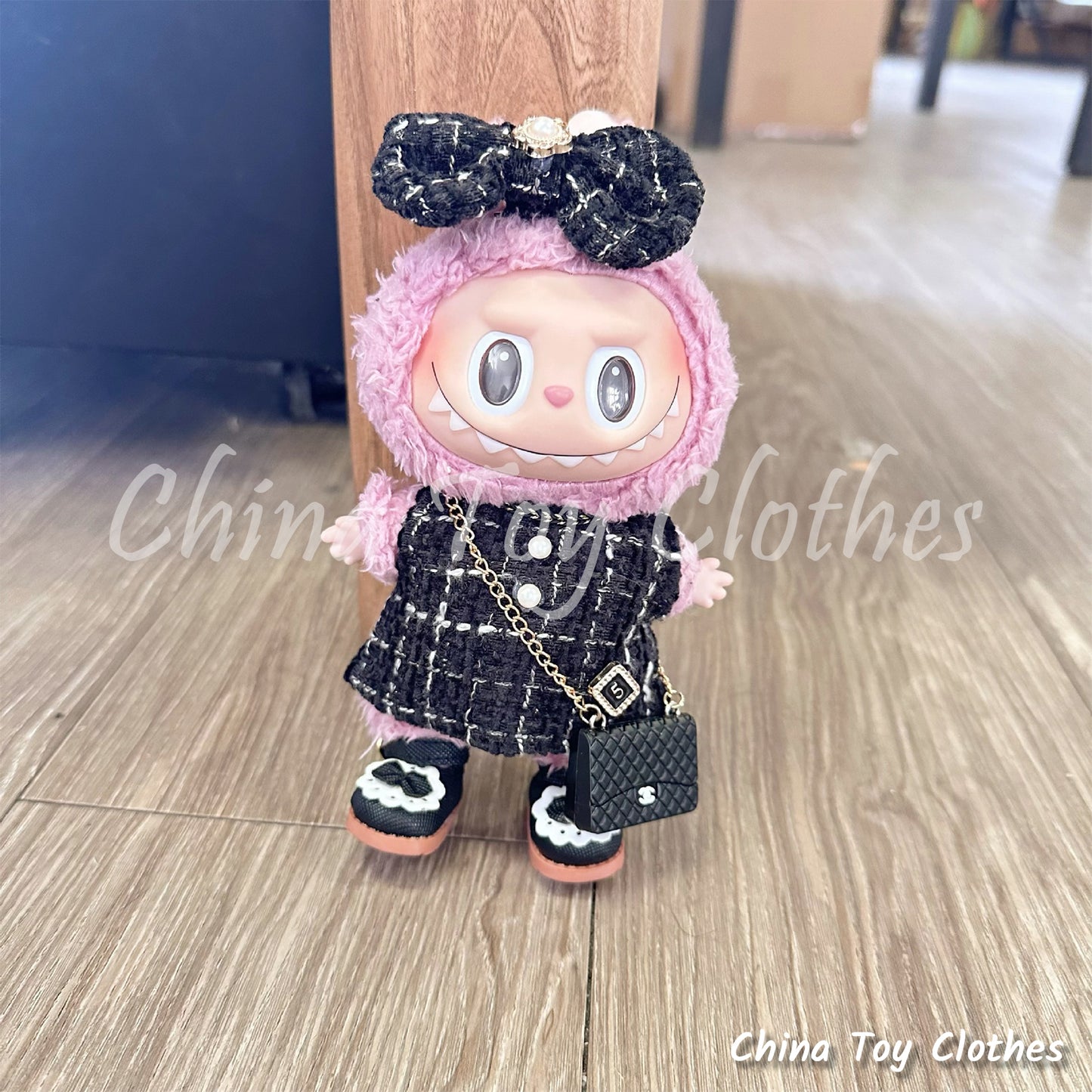 LABUBU 17cm The Monsters Plush Doll Clothes Rich Girl Black & White Chanel Fashion Style Plus Bag Shoes NO TOY