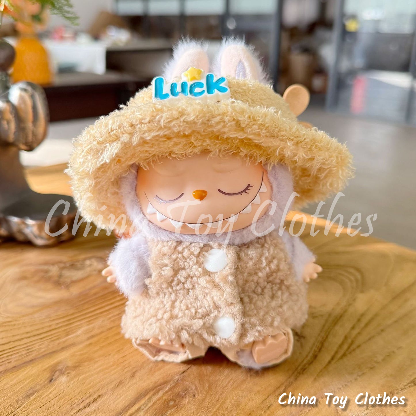 LABUBU 17cm The Monsters Plush Doll Clothes Cute Khaki Circle Fleece Suit with Luck Hat NO TOY