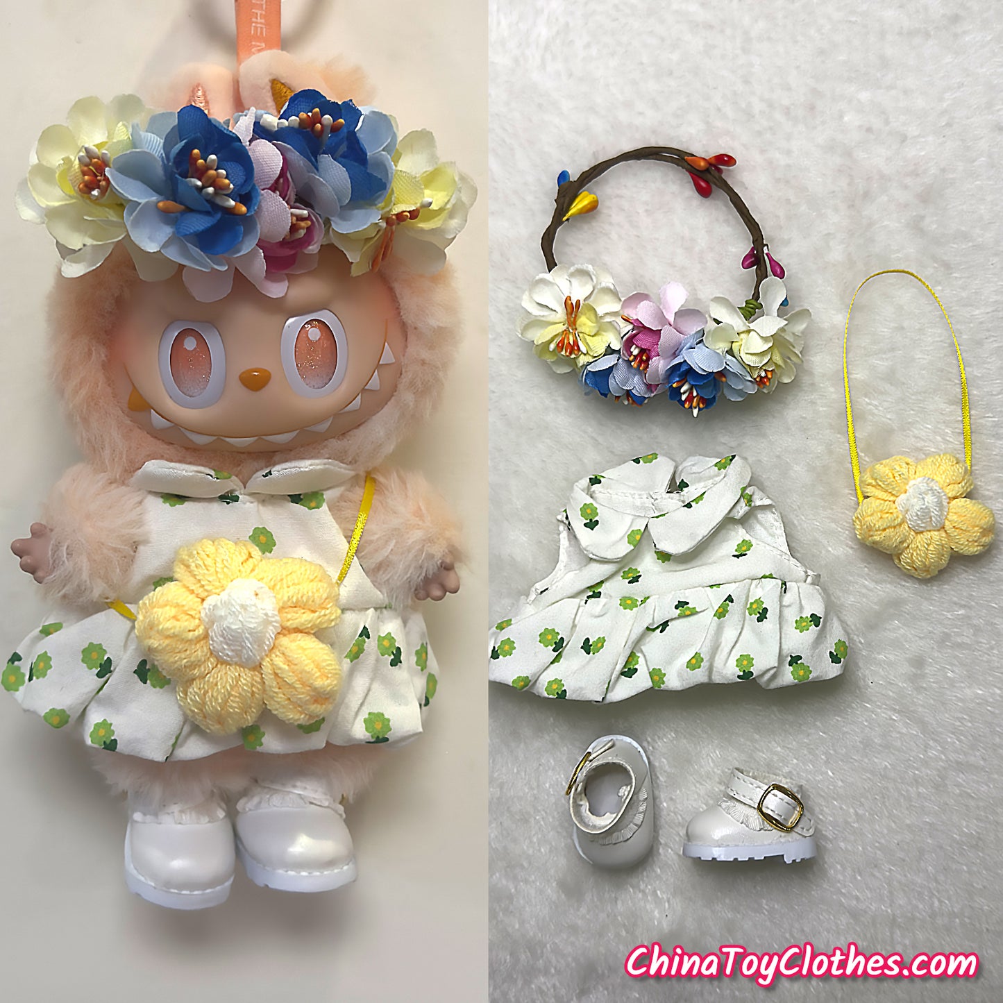 LABUBU 17cm The Monsters Plush Doll Handmade Clothes Flower Maid Outfit NO TOY