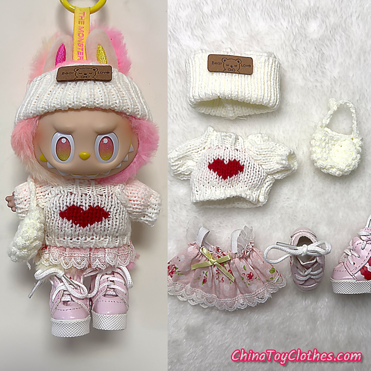 LABUBU 17cm The Monsters Plush Doll Handmade Cute White Sweater Outfit NO TOY