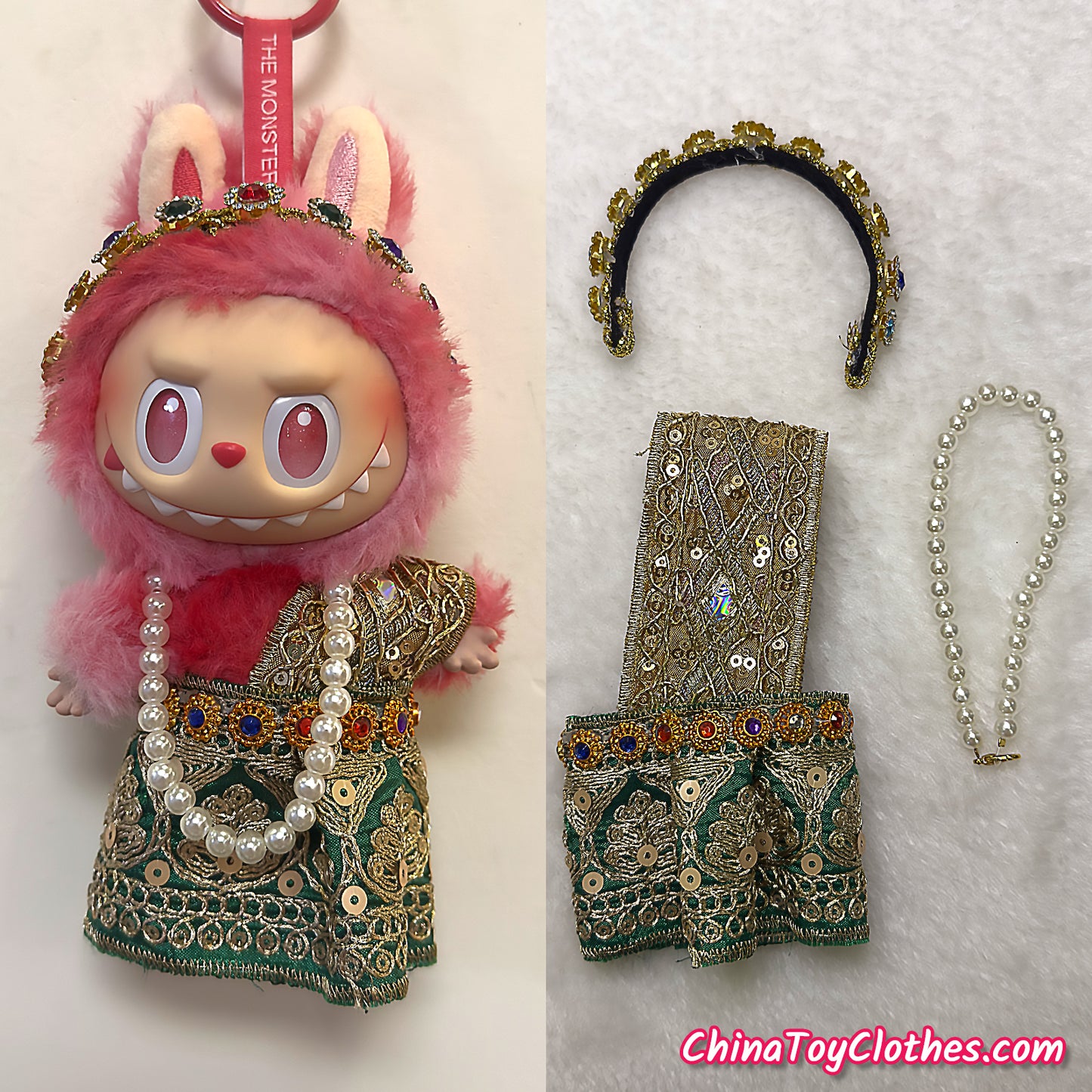 LABUBU 17cm The Monsters Plush Doll Handmade Clothes Cute Traditional Thai Green Outfit NO TOY