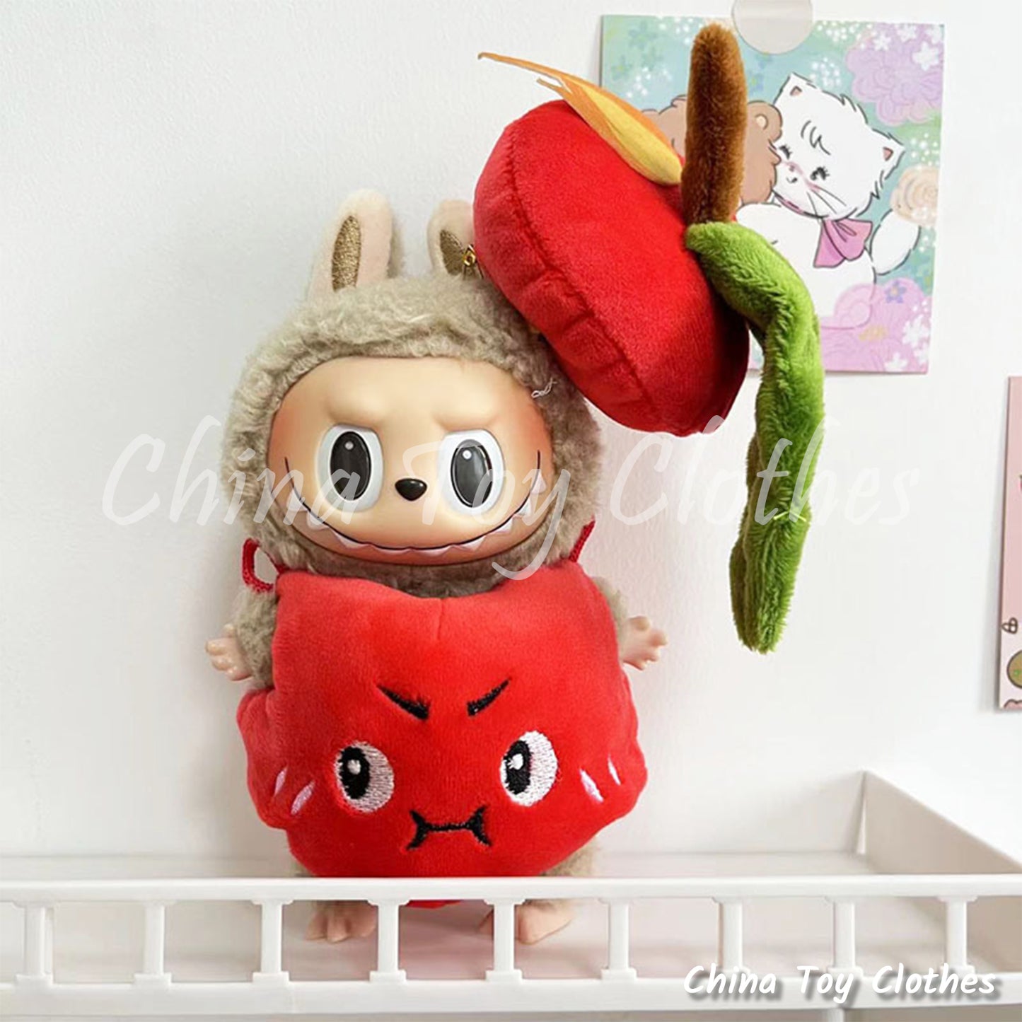 LABUBU 17cm The Monsters Plush Doll Clothes Adorable Angry Red Apple Outfit NO TOY