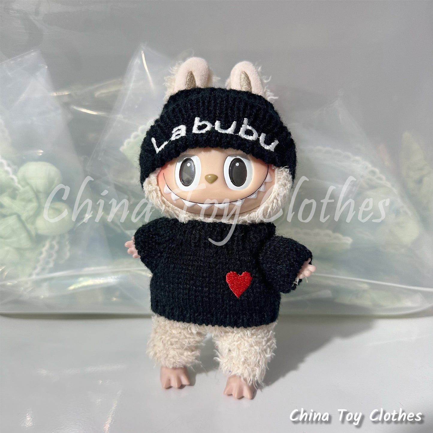 LABUBU 17cm The Monsters Plush Doll Clothes Black Labubu Knitting Hat and Sweater NO TOY