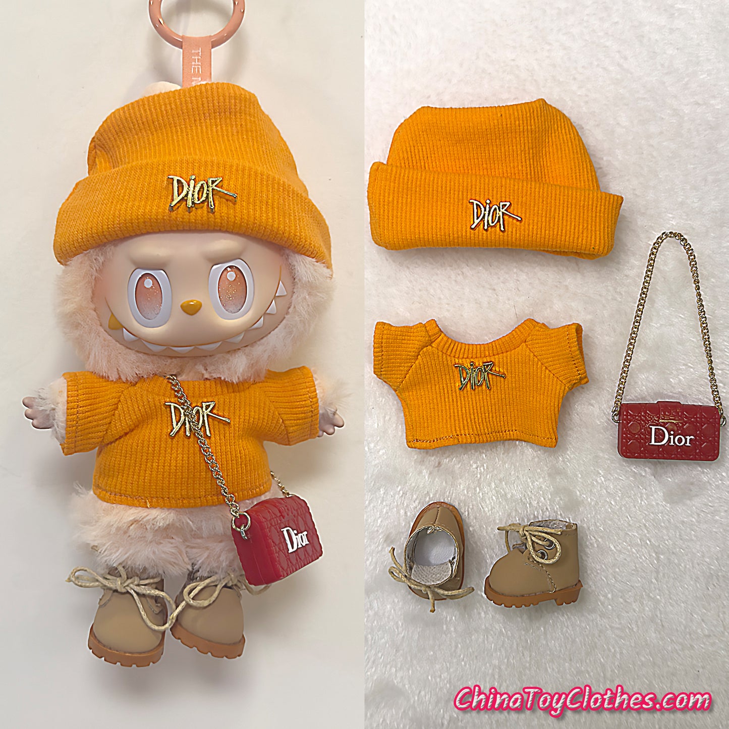 LABUBU 17cm The Monsters Plush Doll Handmade Cute Orange DD Sweater and Bag NO TOY