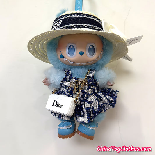 LABUBU 17cm The Monsters Plush Doll Handmade Clothes Elegant Navy Blue Lady Fashion Outfit With Straw Hat NO TOY