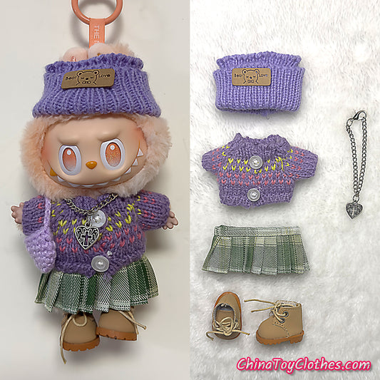 LABUBU 17cm The Monsters Plush Doll Handmade Cute Purple Sweater Outfit NO TOY