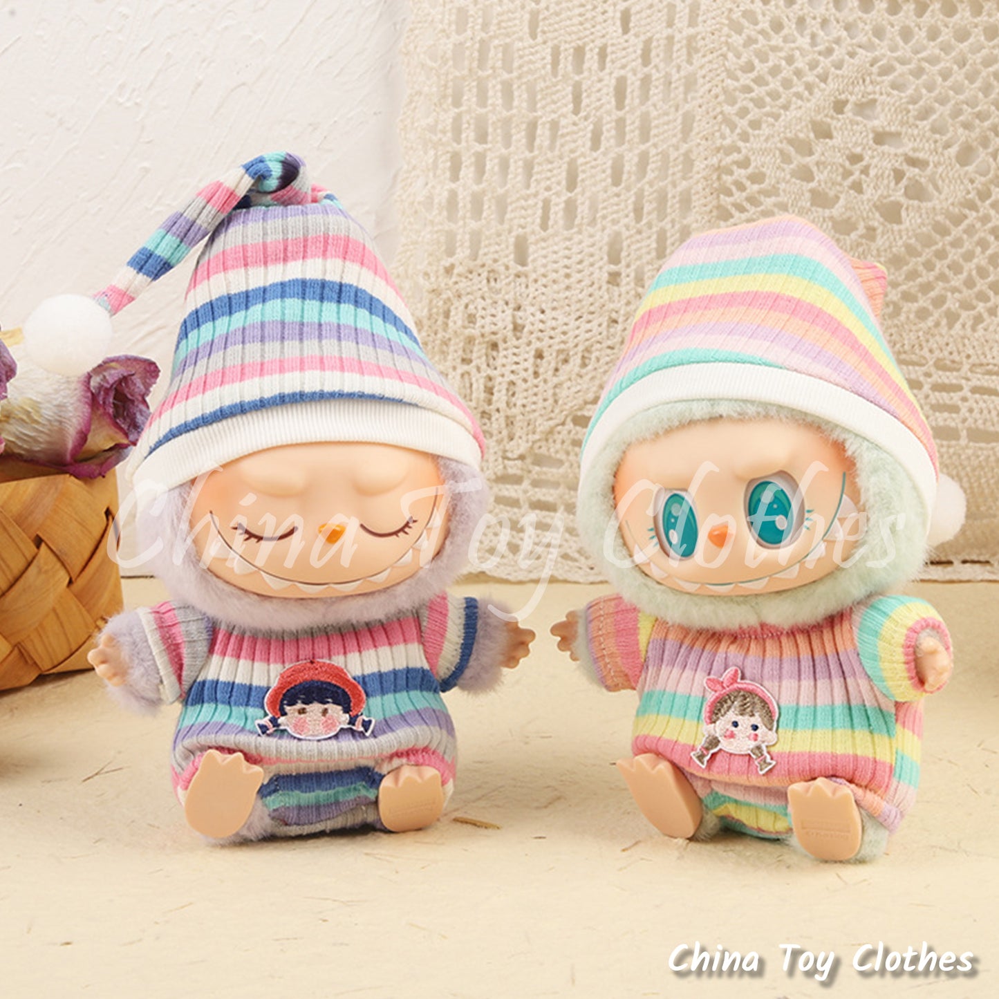LABUBU 17cm The Monsters Plush Doll Clothes Adorable Rainbow Color Sweater with Hat NO TOY