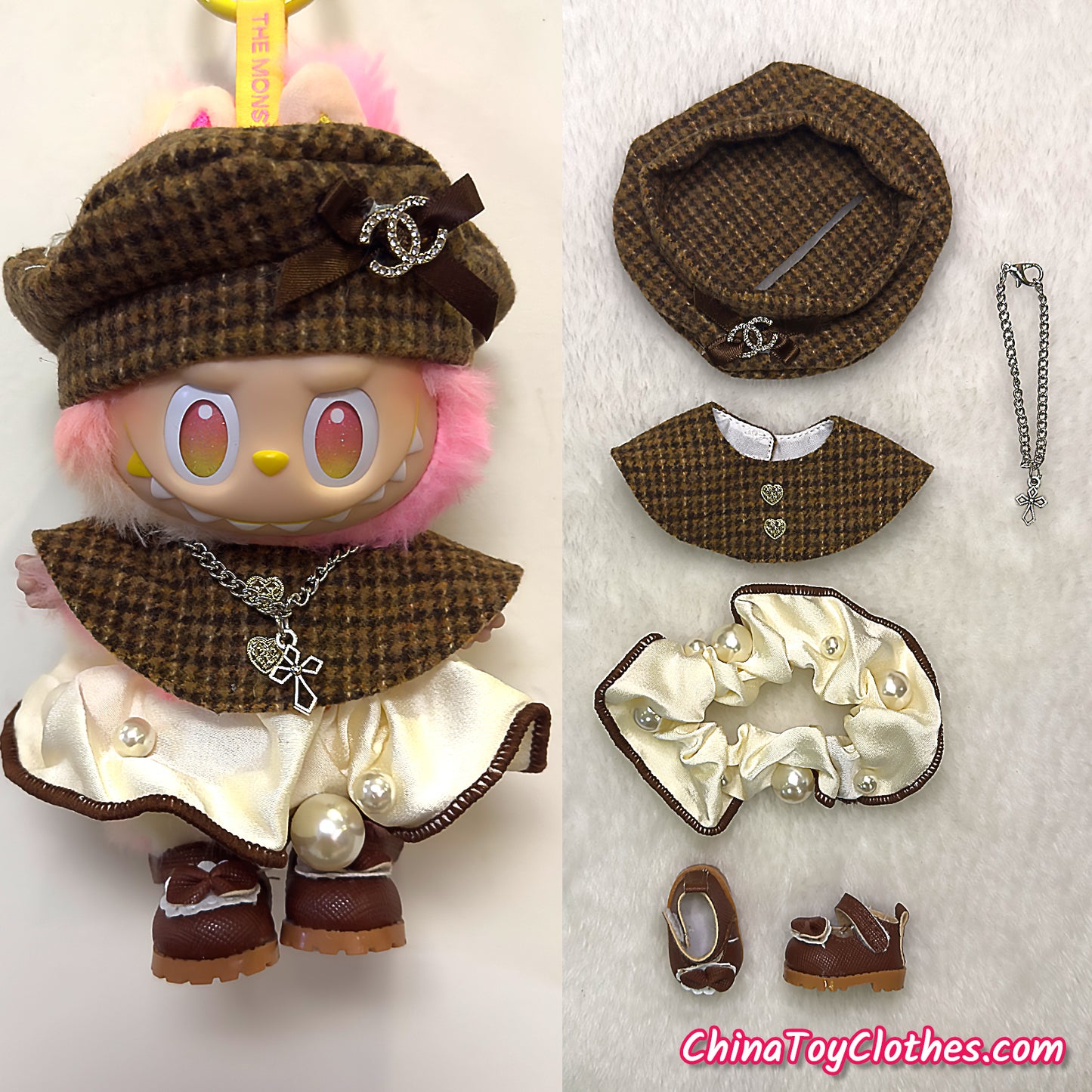 LABUBU 17cm The Monsters Plush Doll Handmade Clothes Brown Elegant Pearls Princess Dress NO TOY