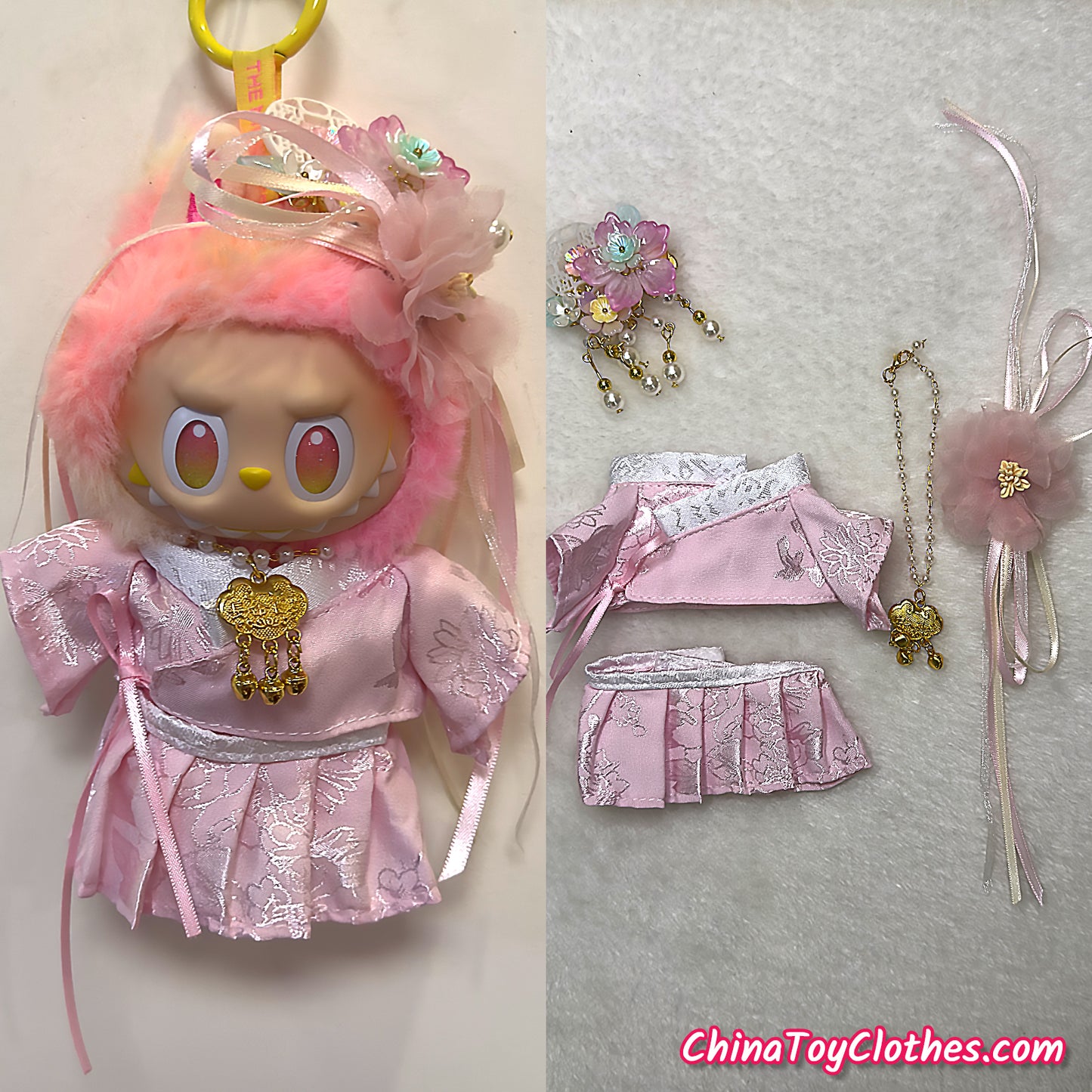 LABUBU 17cm The Monsters Plush Doll Handmade Clothes Pink Traditonal Han Dynasty Outfit NO TOY