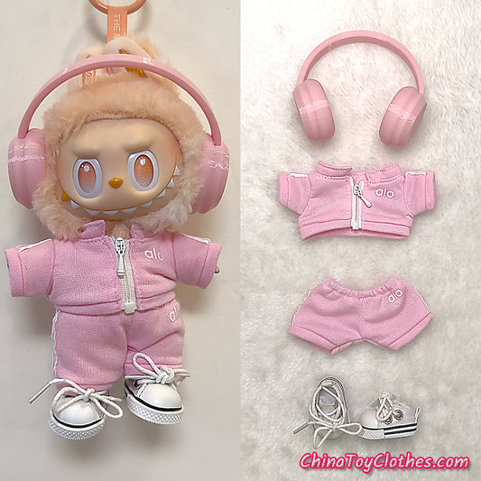 LABUBU 17cm The Monsters Plush Doll Replacing Clothes Pink Yoga Leisure Sportswear Outfit NO TOY