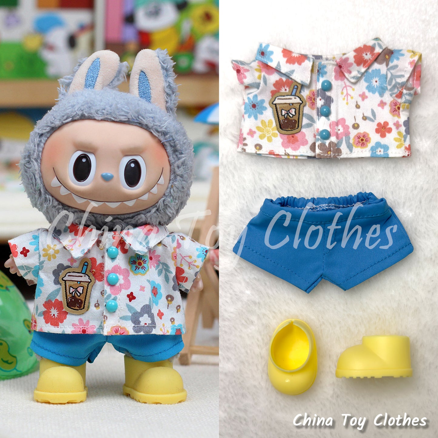 LABUBU 17cm The Monsters Plush Doll Handmade Clothes Lovely Gentelman Leisure Summer Outfit NO TOY