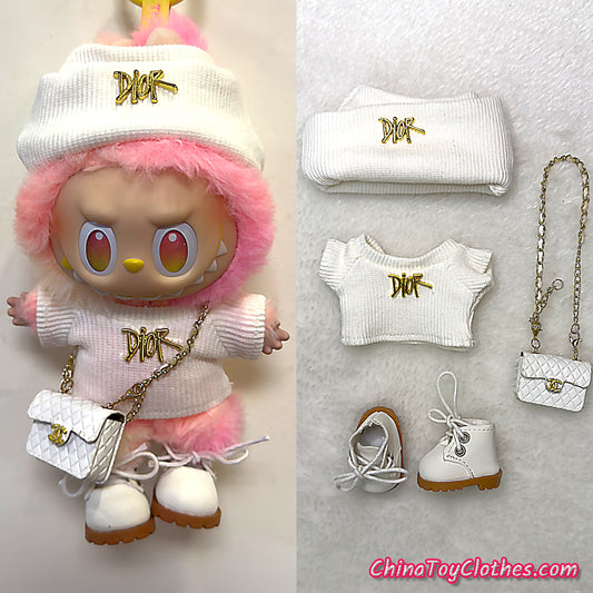 LABUBU 17cm The Monsters Plush Doll Handmade Cute White DD Sweater and Bag NO TOY