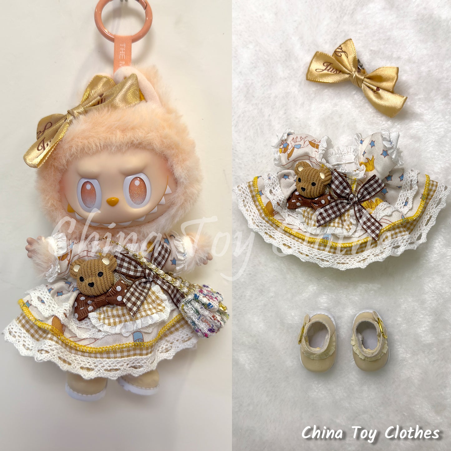 LABUBU 17cm The Monsters Plush Doll Replacing Clothes Cute Girl Teddy Dress with Bag and Shoes NO TOY