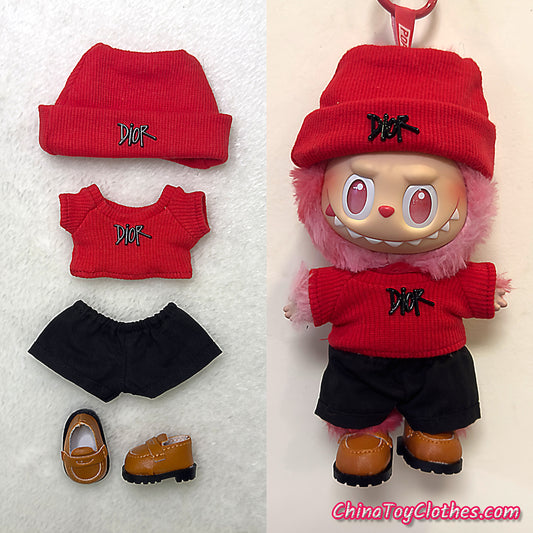 LABUBU 17cm The Monsters Plush Doll Handmade Cute Red DD Sweater Glasses NO TOY