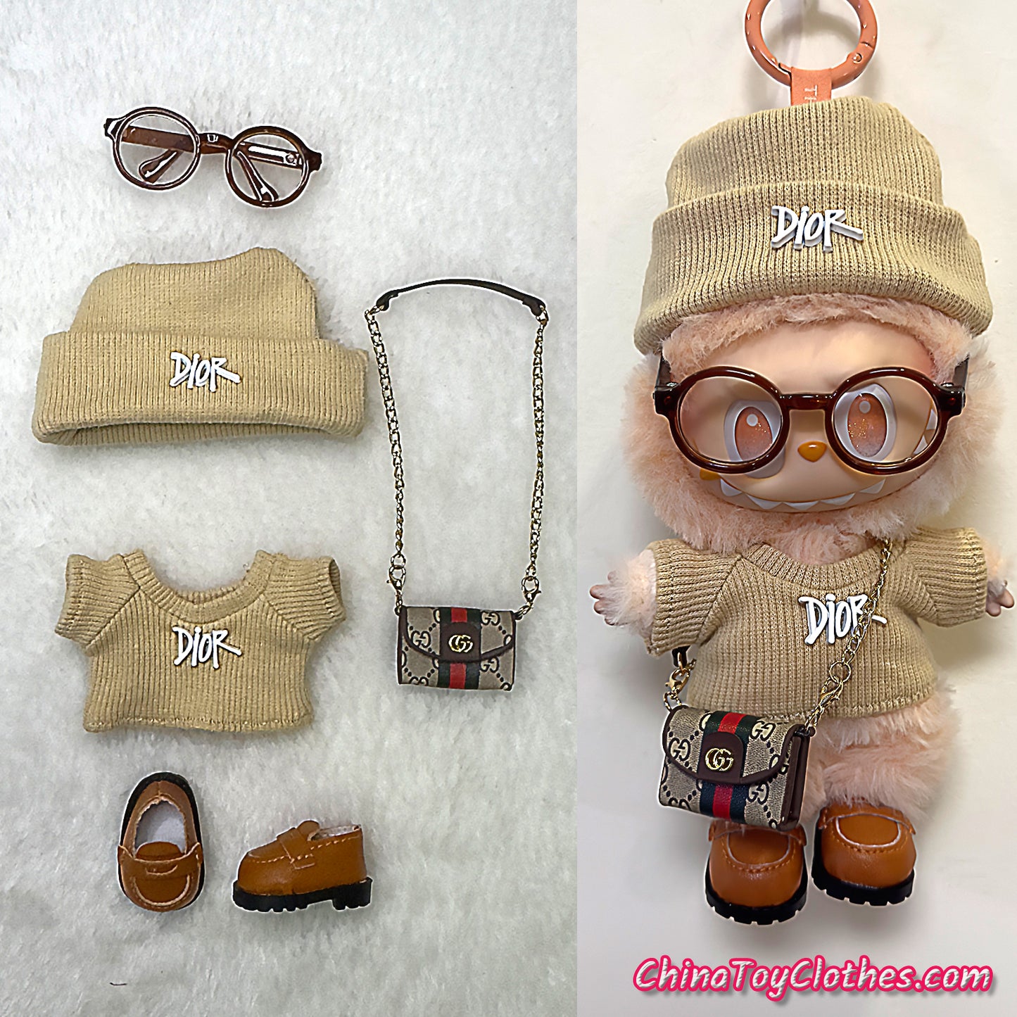 LABUBU 17cm The Monsters Plush Doll Handmade Cute Beige DD Sweater and Bag NO TOY