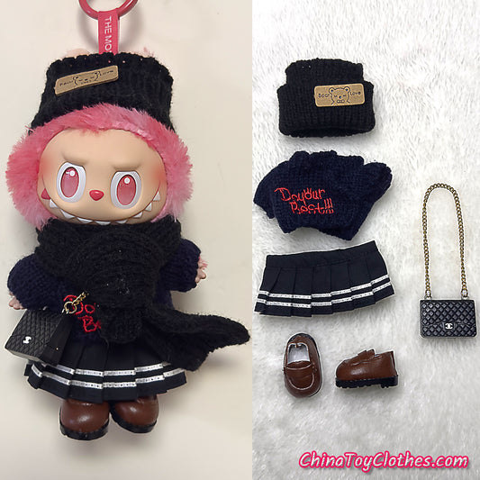 LABUBU 17cm The Monsters Plush Doll Handmade Cute Black Sweater Outfit NO TOY