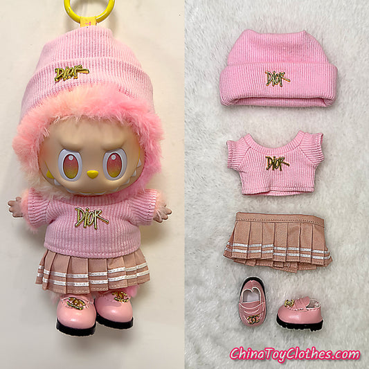 LABUBU 17cm The Monsters Plush Doll Handmade Cute Pink DD Sweater and Bag NO TOY