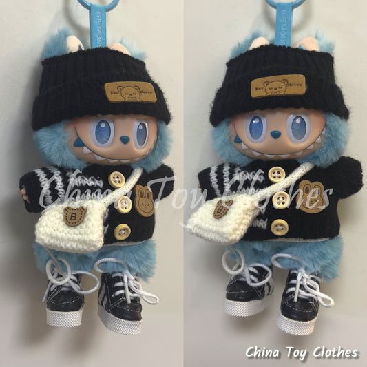 LABUBU 17cm Les Monstres Peluche Poupée Vêtements Adorable Pull Tricot Bleu Costume avec Sac PAS DE JOUET