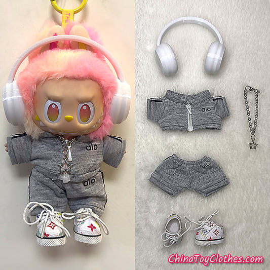 LABUBU 17cm The Monsters Plush Doll Replacing Clothes Grey Yoga Leisure Sportswear Outfit NO TOY