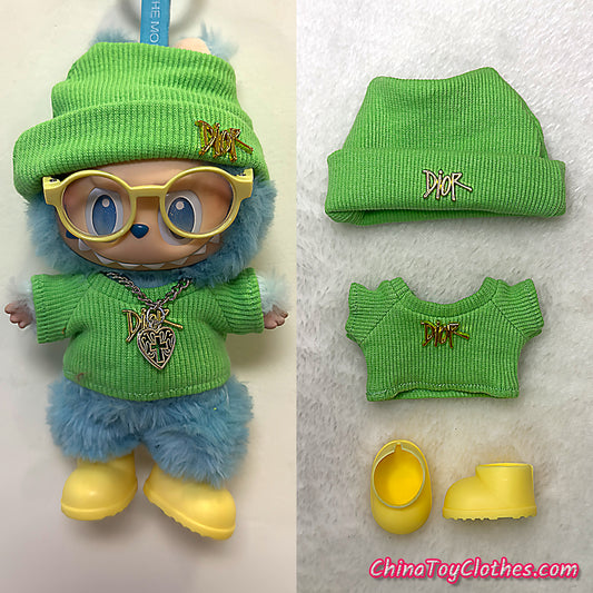 LABUBU 17cm The Monsters Plush Doll Handmade Cute Green DD Sweater Glasses NO TOY