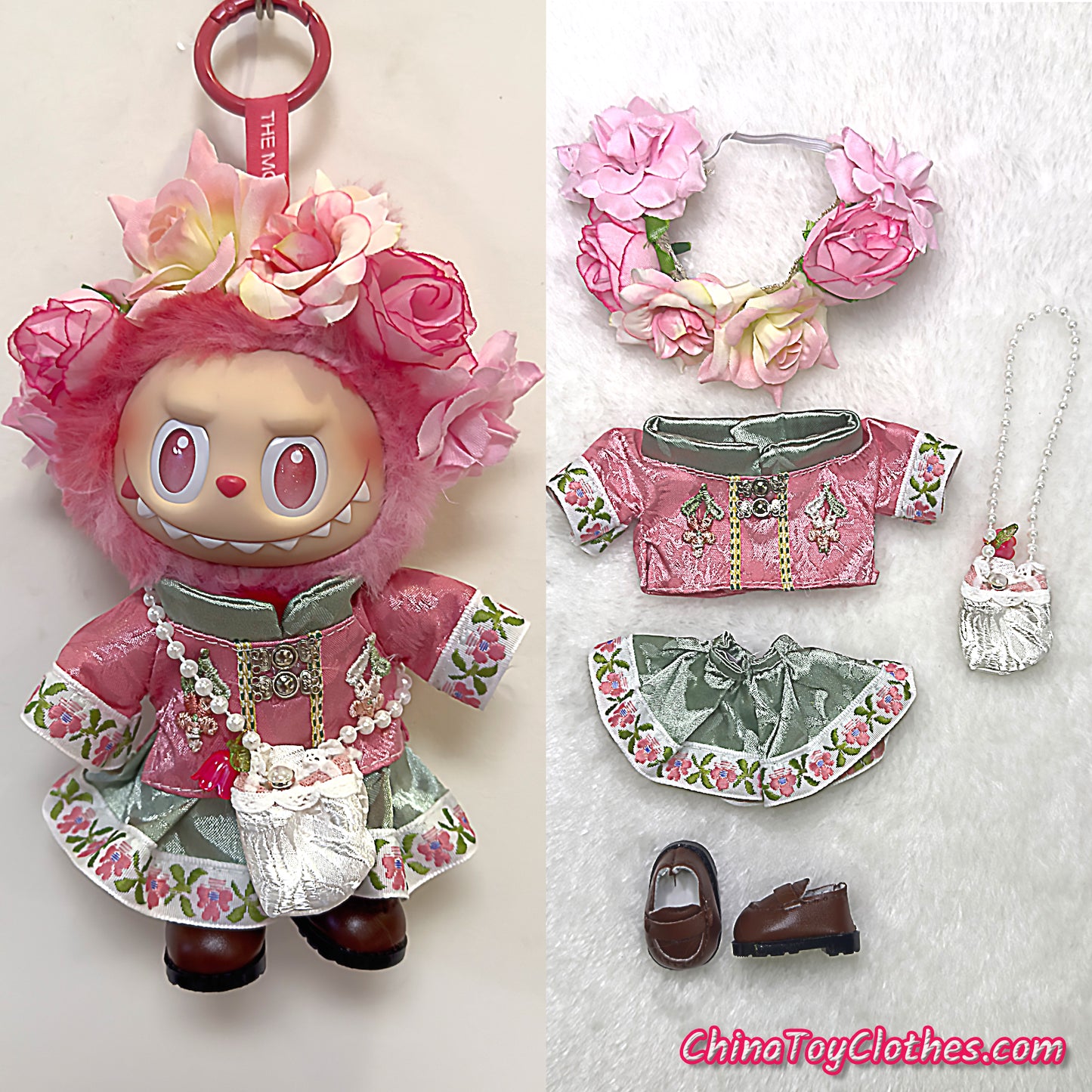 LABUBU 17cm The Monsters Plush Doll Handmade Clothes Cute Qing Dynasty Princess with Flowers Headband NO TOY