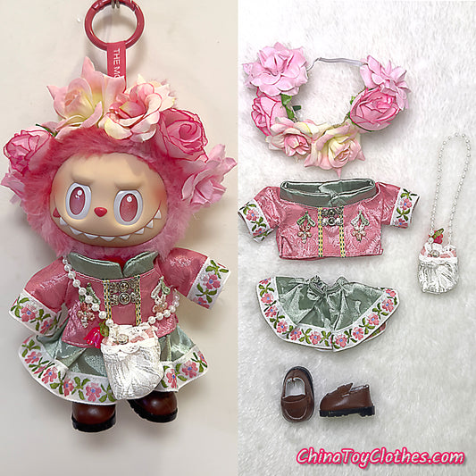 LABUBU 17cm The Monsters Plush Doll Handmade Clothes Cute Qing Dynasty Princess with Flowers Headband NO TOY