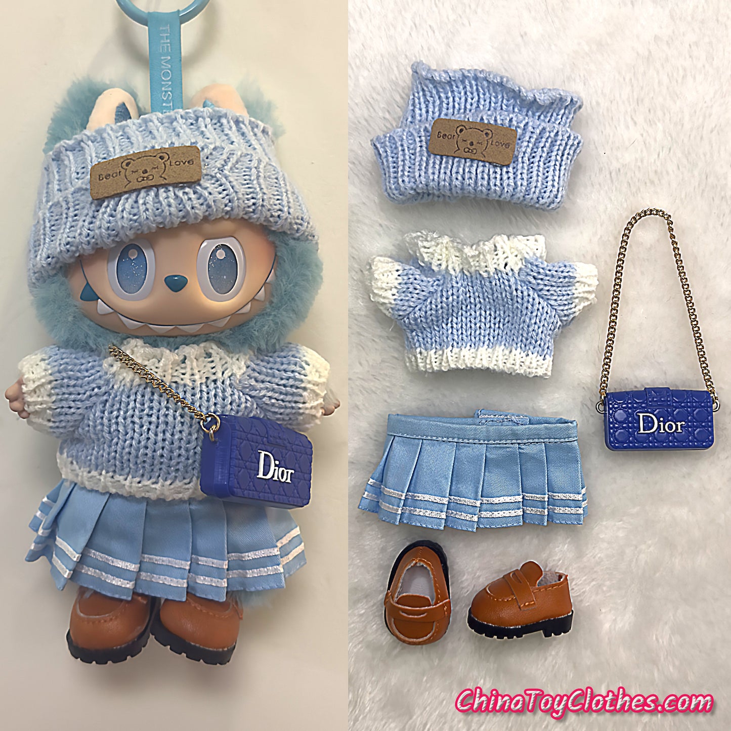 LABUBU 17cm The Monsters Plush Doll Handmade Cute BLUE Sweater Outfit NO TOY